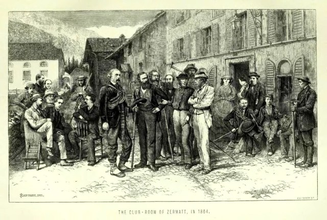 Reunión del Alpine Club en Zermatt (1864). El primero de la izquierda, sentado y con barba, es Leslie Stephen..jpg